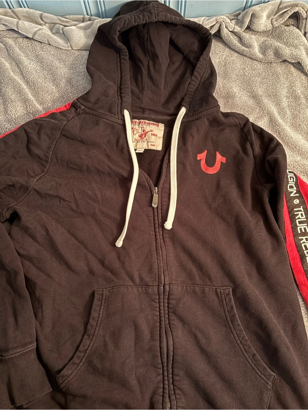 True Religion Hoodie Mens 2XL Black Red Zip Up Jacket Athletic Logo 100% Cotton